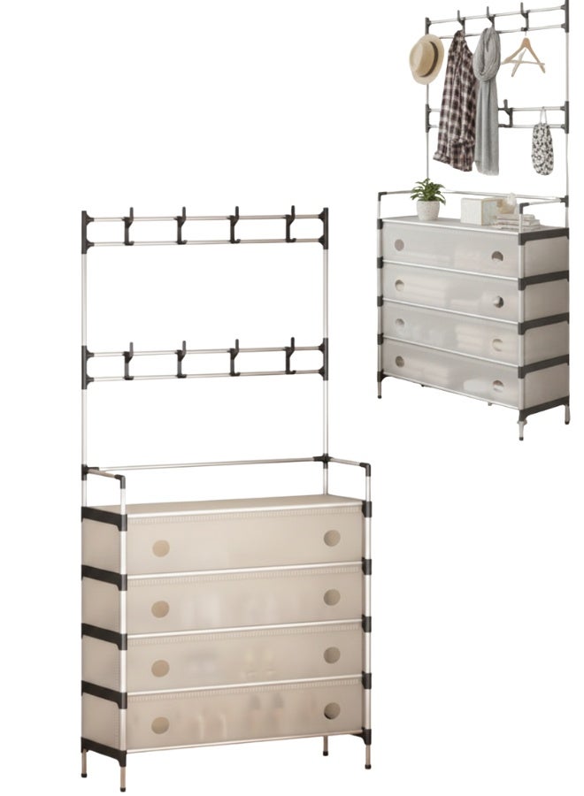 رف معدني للمعاطف والأحذية - منظم تخزين كبير للمدخل مع مساحة لتعليق المعاطف والسترات والحقائب، ورف أحذية من 5 طبقات للأحذية والأحذية الطويلة والشباشب، حل تخزين منزلي عملي وأنيق - Image 1